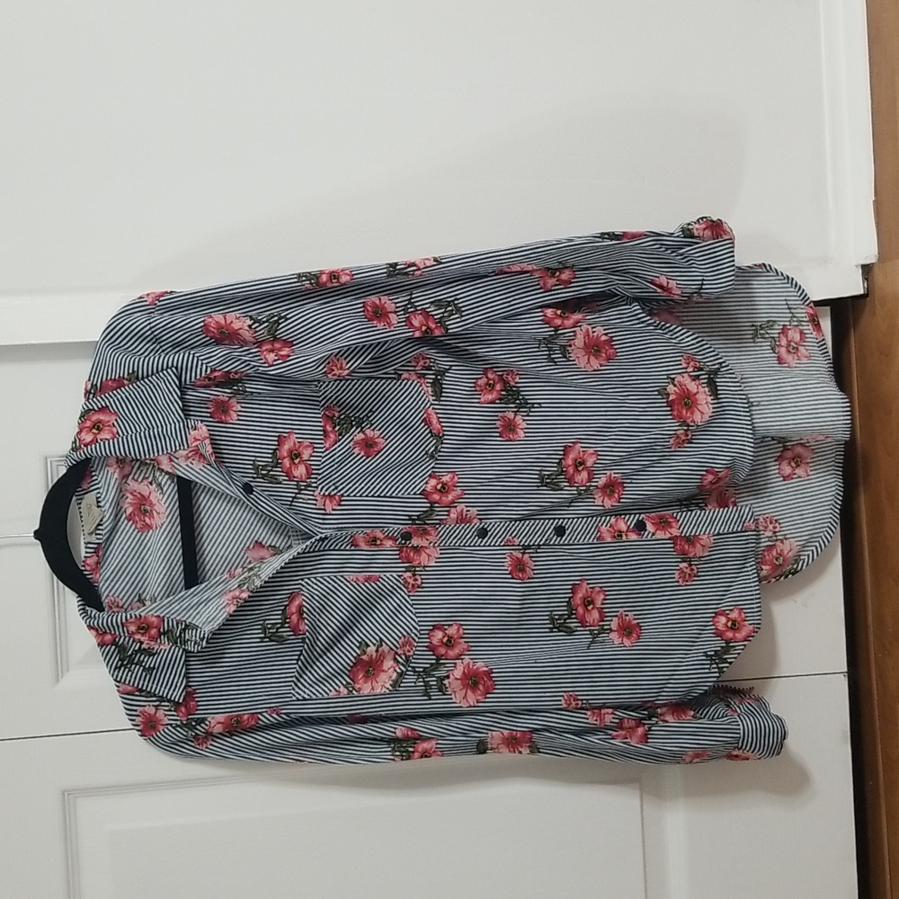 Navy blue and white striped button down shirt with floral design